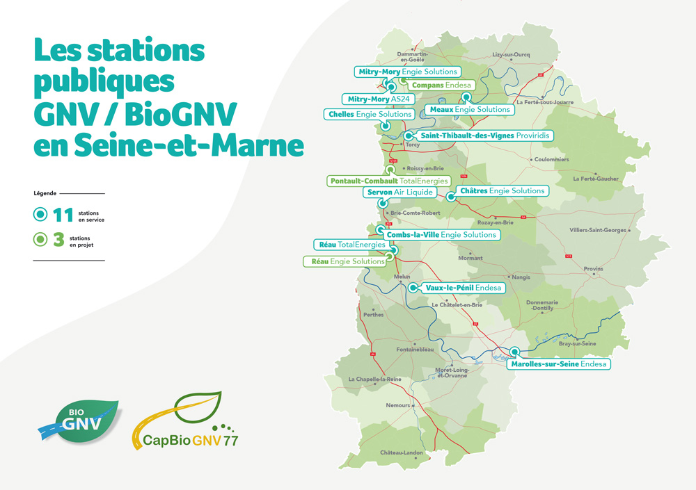 Carte des stations publiques GNV / BioGNV en Seine-et-Marne : 11 stations en service et 3 stations en projet